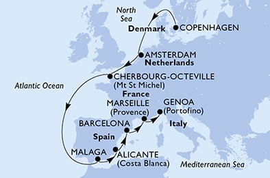 carte Copenhagen, Amsterdam, Cherbourg, Malaga, Alicante, Barcelona, 12 jours