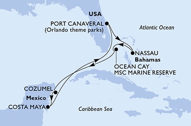 carte Port Canaveral, Nassau, Ocean Cay, Cozumel, Costa Maya, 8 jours