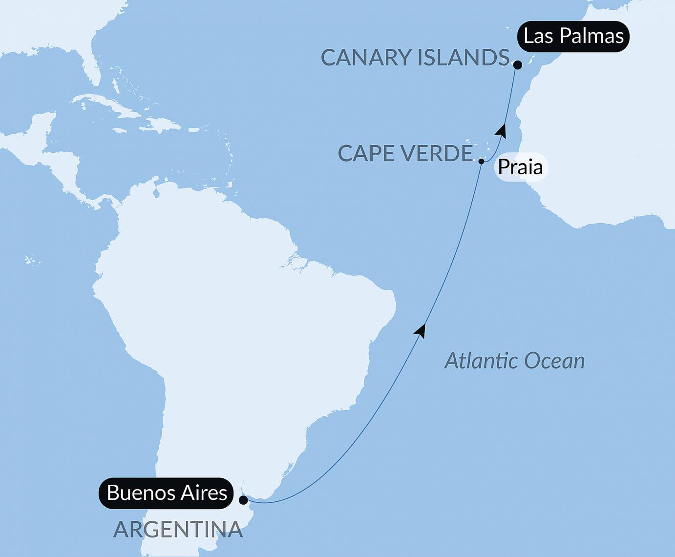 carte Voyage en Mer : Buenos Aires -  Las Palmas de Gran Canaria, 18 jours