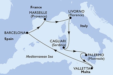 carte Espagne, France, Italie, Malte, 8 jours