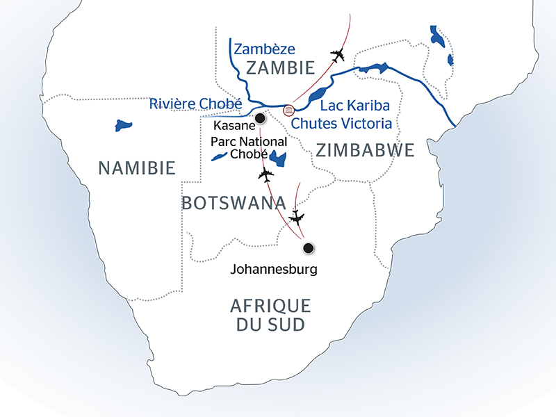 carte Safari-croisière au fil du Zambèze - Afrique du Sud, Botswana, Namibie, Zimbabwe, 11 jours - 11Z
