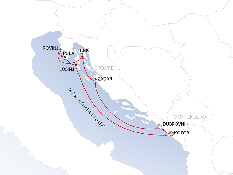 carte Splendeurs du Nord de l'Adriatique - Escales Historiques et Beautés Naturelles entre Croatie et Monténégro (formule port//port), 8 jours - DXD_PP