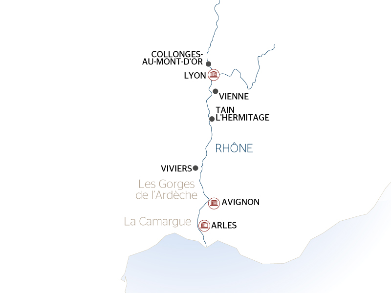 carte Escales incontournables du Rhône entre Lyon, la Camargue et la Provence avec un dîner OFFERT à l'Abbaye de Collonges - Paul Bocuse (formule port/port), 7 jours - LMY_PP2