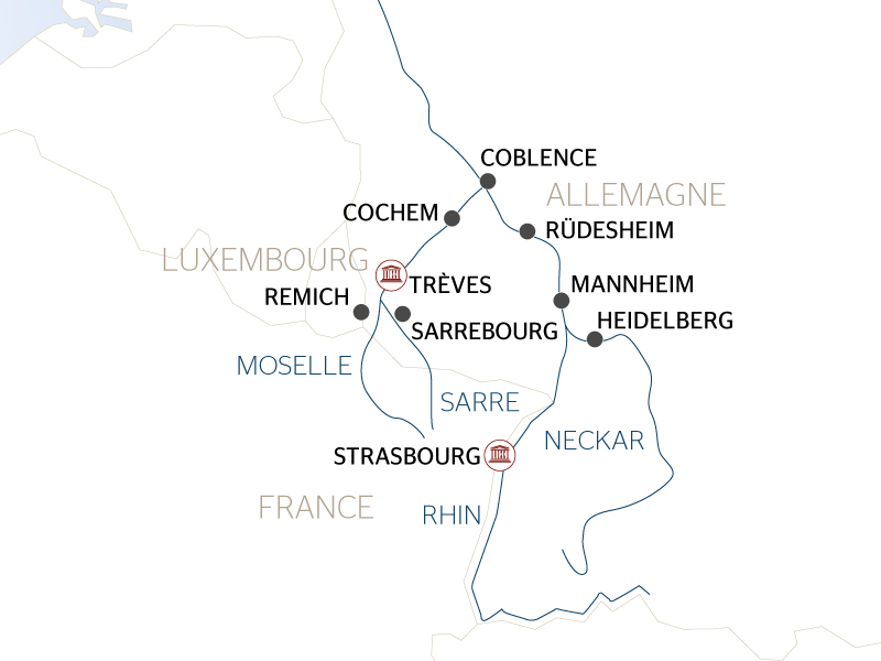 carte 4 FLEUVES : les vallées du Neckar, du Rhin romantique, de la Moselle et de la Sarre (formule port/port), 7 jours - RSB_PP