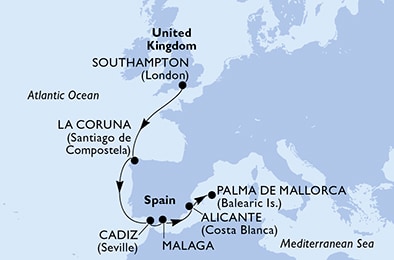 carte Southampton, La Coruna, Cadiz, Malaga, Alicante, Palma de Mallorca, 8 jours