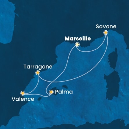 carte France, Italie, Espagne, Baléares, 7 jours
