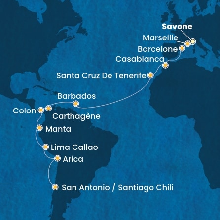 carte Italie, France, Espagne, Maroc, Canaries, Antilles, Colombie, Costa Rica, Panama, 29 jours