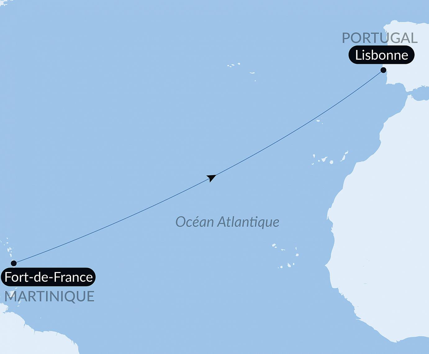 carte Voyage en Mer : Fort-de-France - Lisbonne, 13 jours