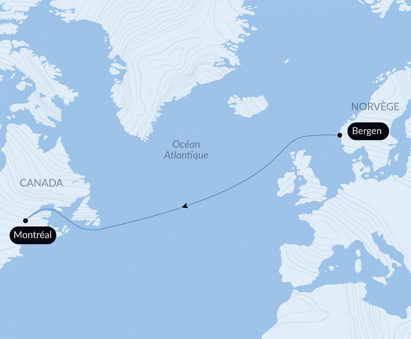 carte Voyage en mer : Bergen-Montréal, 12 jours