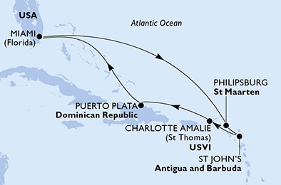 carte Etats-Unis, Antilles, Antigua & Barbuda, Iles Vierges (Américaines), République Dominicaine, 9 jours