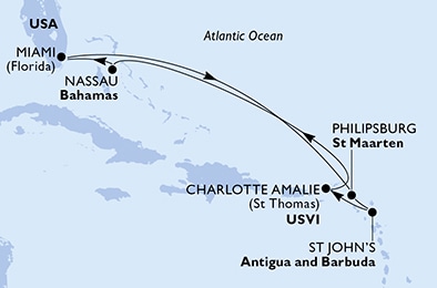 carte Etats-Unis, Antilles, Antigua & Barbuda, Iles Vierges (Américaines), Bahamas, 9 jours