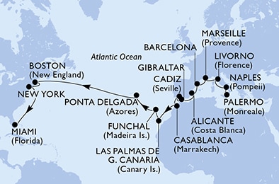 carte Palermo, Naples, Livorno, Marseille, Barcelona, Alicante, 27 jours