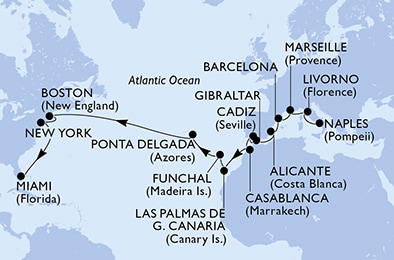 carte Naples, Livorno, Marseille, Barcelona, Alicante, Gibraltar, 26 jours