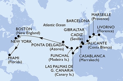 carte Livorno, Marseille, Barcelona, Alicante, Gibraltar, Cadiz, 25 jours