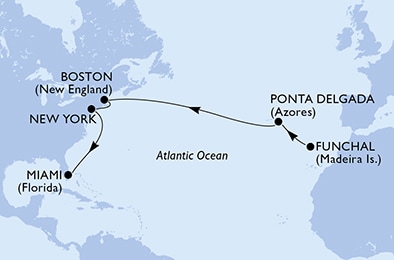 carte Funchal, Ponta Delgada, Boston, New York, Miami, 16 jours