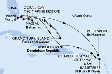 carte Miami, Philipsburg, Basseterre, Charlotte Amalie, Amber Cove, Grand Turk Island, 15 jours