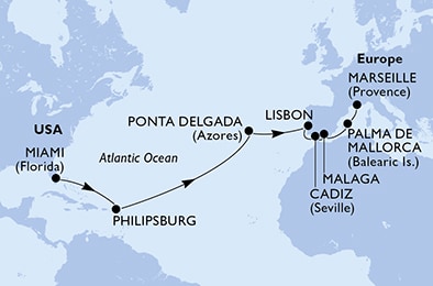carte Miami, Philipsburg, Ponta Delgada, Lisbon, Cadiz, Malaga, 17 jours