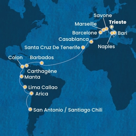 carte Italie, France, Espagne, Maroc, Canaries, Antilles, Costa Rica, Colombie, Panama, 33 jours