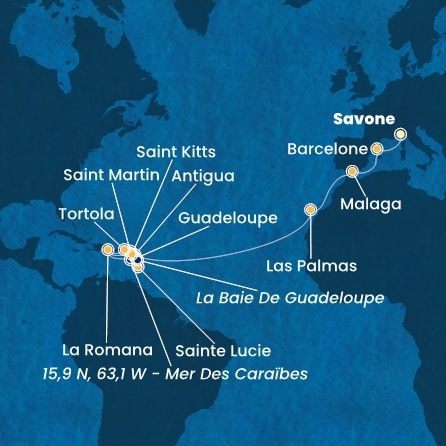 carte Italie, Espagne, Canaries, Antilles, Rép.Dominicaine, Iles Vierges, 23 jours