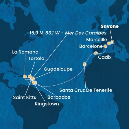 carte Italie, France, Espagne, Canaries, Antilles, Rép.Dominicaine, Iles Vierges, 23 jours