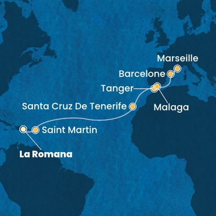 carte Rép.Dominicaine, Antilles, Canaries, Maroc, Espagne, France, 16 jours