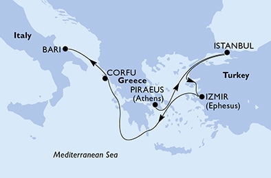 carte Piraeus, Istanbul, Izmir, Corfu, Bari, 7 jours
