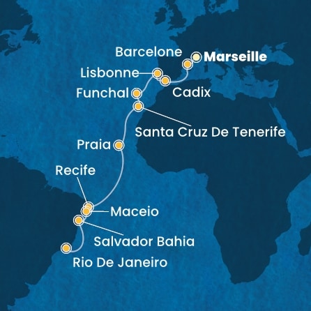 carte France, Espagne, Portugal, Madère, Canaries, Brésil, 20 jours
