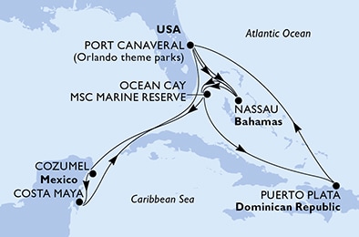 carte Port Canaveral, Nassau, Ocean Cay, Cozumel, Costa Maya, Puerto Plata, 15 jours