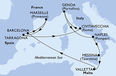 carte Marseille, Tarragona, Civitavecchia, Genoa, Naples, Messina, 11 jours