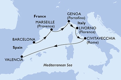 carte Barcelona, Marseille, Genoa, Livorno, Civitavecchia, Valencia, 7 jours