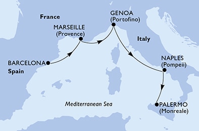 carte Barcelona, Marseille, Genoa, Naples, Palermo, 5 jours