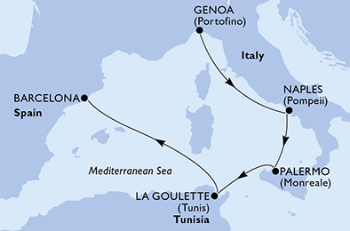 carte Genoa, Naples, Palermo, La Goulette, Barcelona, 6 jours