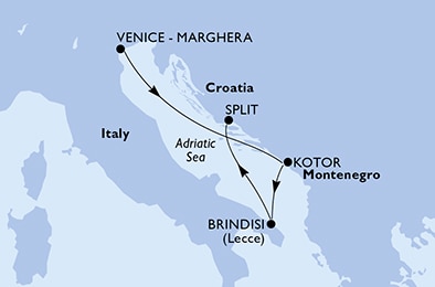 carte Venice-Marghera, Kotor, Brindisi, Split, 5 jours