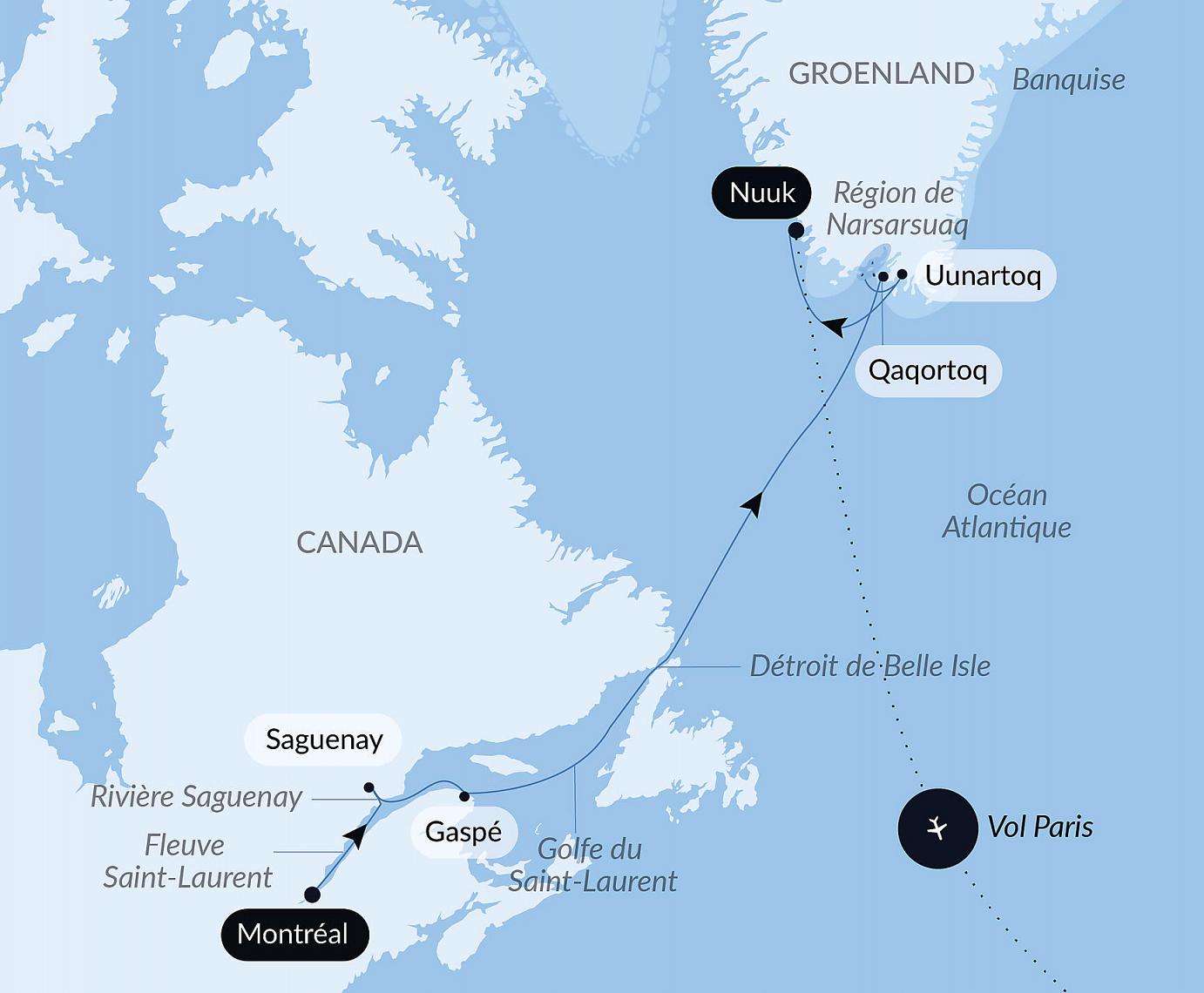 carte Derniers instants d'hiver, du Saint-Laurent au Groenland, 15 jours