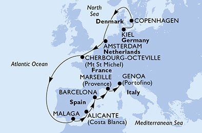 carte Kiel, Copenhagen, Amsterdam, Cherbourg, Malaga, Alicante, 13 jours