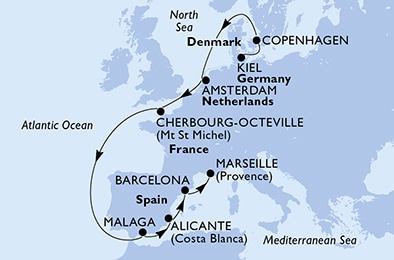 carte Kiel, Copenhagen, Amsterdam, Cherbourg, Malaga, Alicante, 12 jours