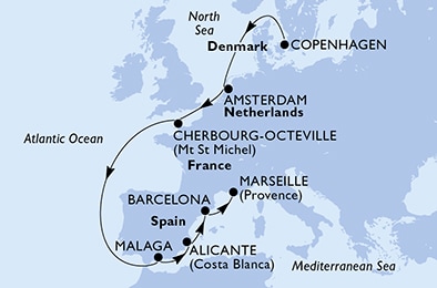 carte Copenhagen, Amsterdam, Cherbourg, Malaga, Alicante, Barcelona, 11 jours