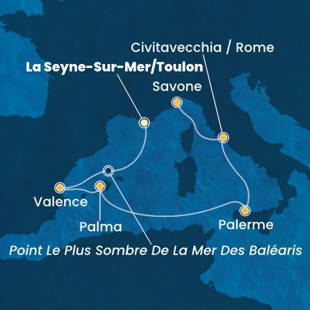 carte France, Espagne, Baléares, Italie, 7 jours