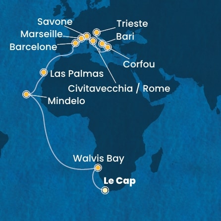 carte Afrique du Sud, Namibia, Cap Vert, Canaries, Espagne, France, Italie, Grèce, 25 jours