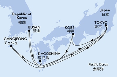 carte Tokyo, Kobe, Busan, Kagoshima, Gangjeong, 13 jours
