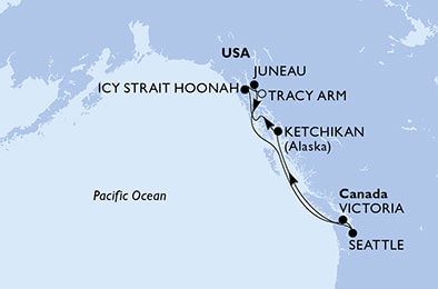 carte Seattle, Ketchikan, Icy Strait Hoonah, Tracy Arm, Juneau, Victoria, 8 jours