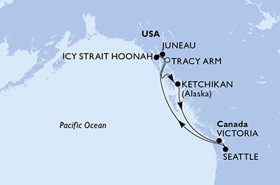 carte Seattle, Juneau, Icy Strait Hoonah, Tracy Arm, Ketchikan, Victoria, 8 jours