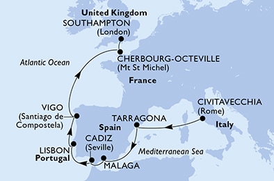 carte Civitavecchia, Tarragona, Malaga, Cadiz, Lisbon, Vigo, 12 jours