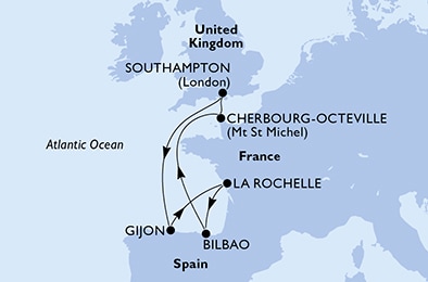 carte Royaume-Uni, Espagne, France, 8 jours