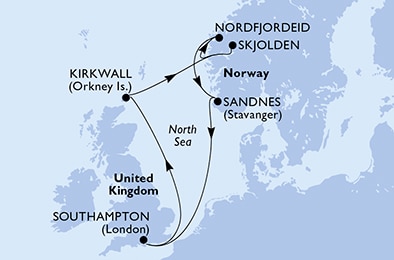carte Southampton, Kirkwall, Skjolden, Nordfjordeid, Sandnes, 8 jours