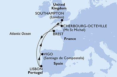 carte Southampton, Brest, Lisbon, Vigo, Cherbourg, 8 jours