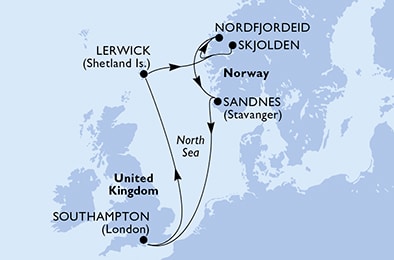 carte Southampton, Lerwick, Skjolden, Nordfjordeid, Sandnes, 8 jours