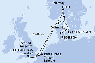 carte Southampton, Oslo, Fredericia, Copenhagen, Zeebrugge, 8 jours