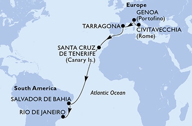 carte Civitavecchia, Genoa, Tarragona, Santa Cruz de Tenerife, Salvador, Rio de Janeiro, 17 jours