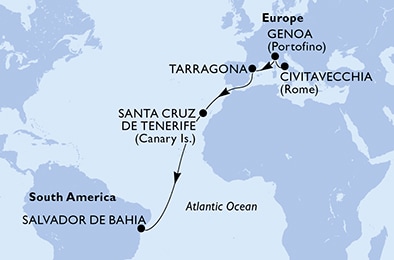 carte Civitavecchia, Genoa, Tarragona, Santa Cruz de Tenerife, Salvador, 14 jours